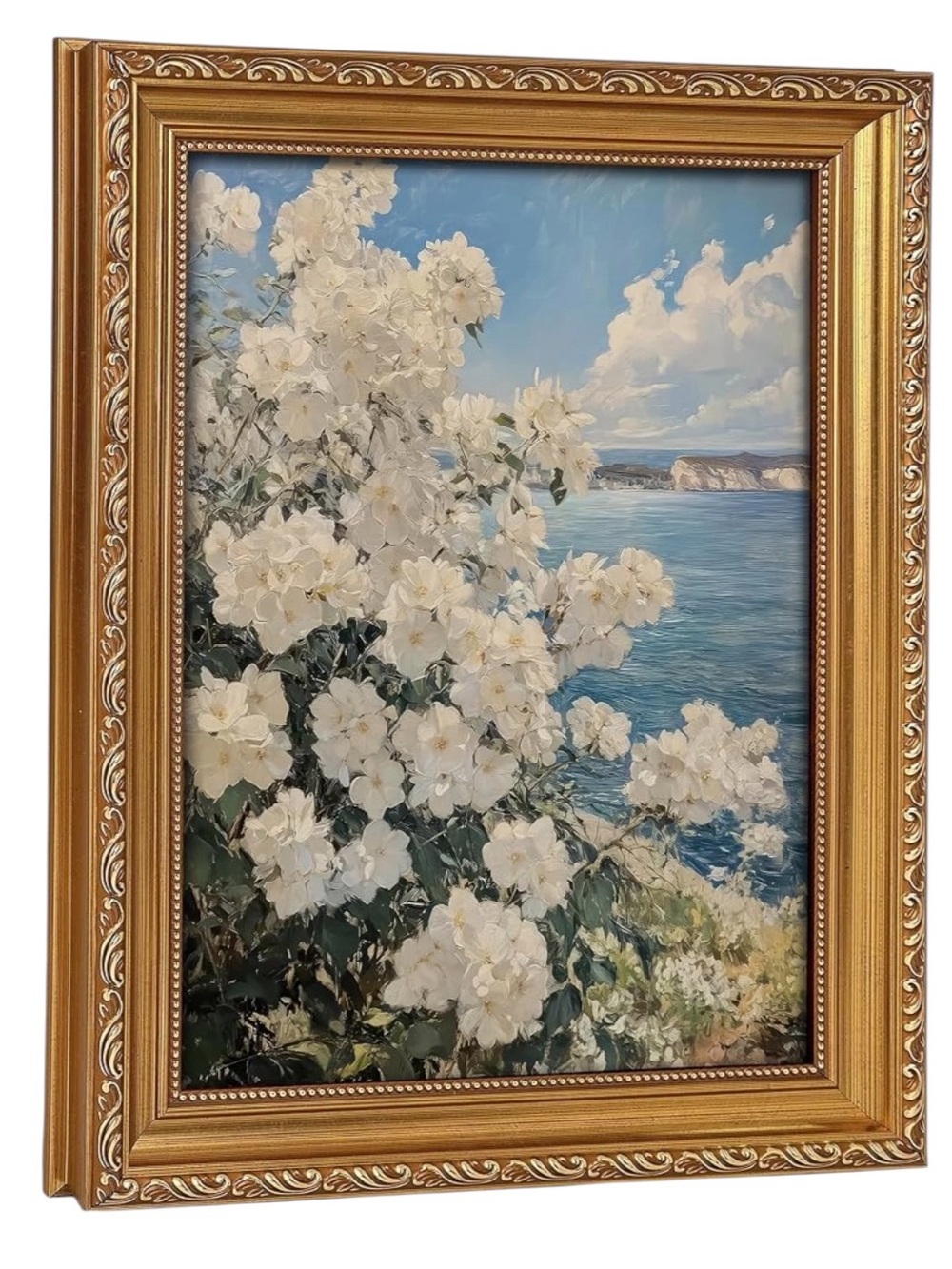 Vintage Gold Framed Coastal White Wildflower Wall Art 11x9”